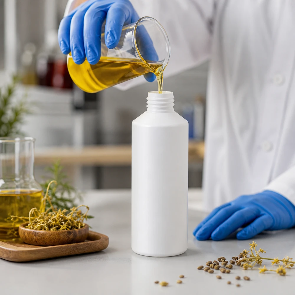 Apoteksflaska HDPE 100ml vit, utan lock En laboratorieassistent i vit labbrock fyller en vit HDPE-flaska på 100 ml med gult växtextrakt