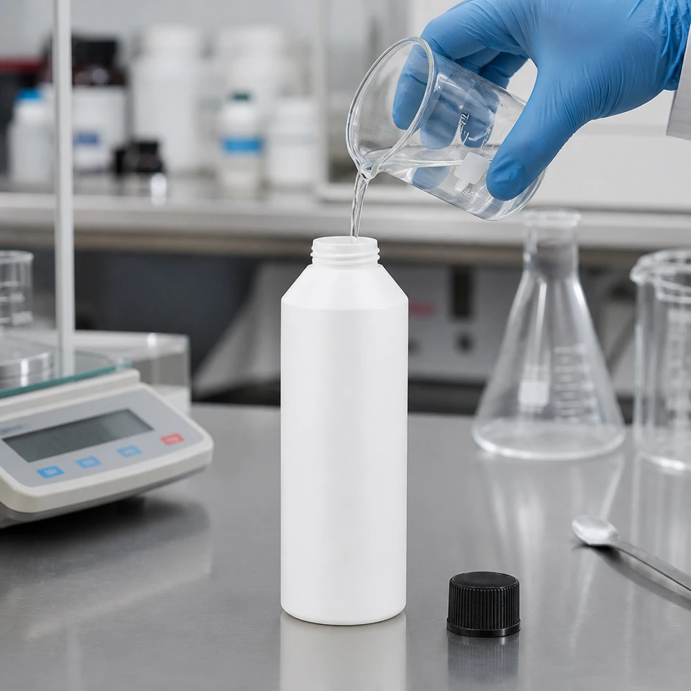 Laboratorietekniker fyller en klar vätska i en vit 250 ml HDPE-apotekflaska med en blå engångshandske