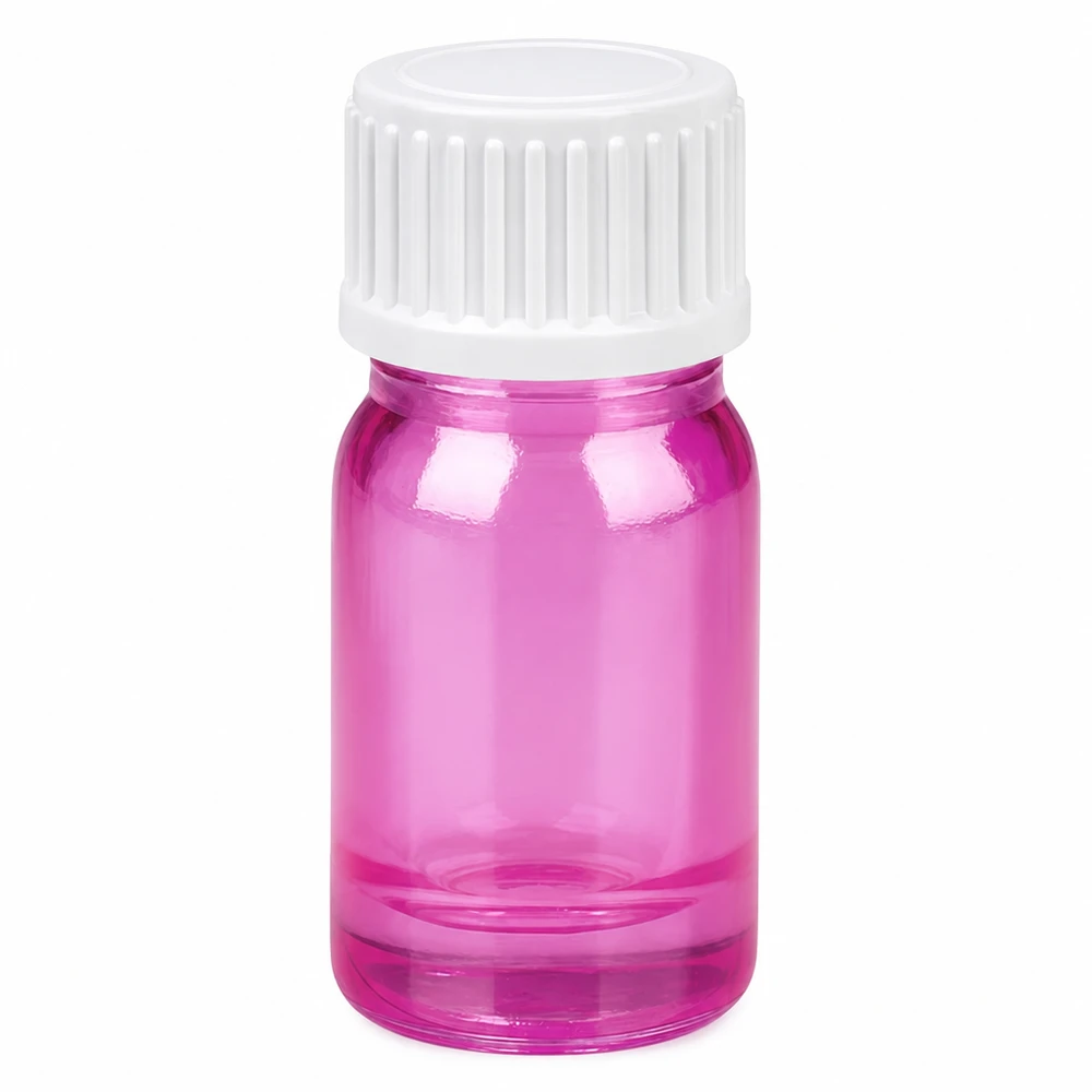 5 ml glasflaska i transparent rosa med vitt skruvlock för eteriska oljor och kosmetika
