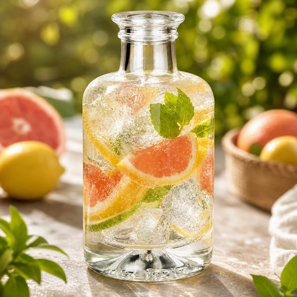 100 ml Sofia glasflaska fylld med infuserat vatten grapefrukt mynta och is utomhusmiljö med citrusfrukter