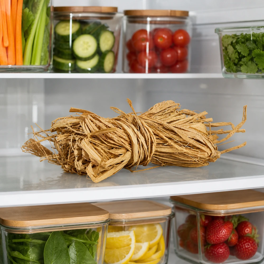 Naturraffia 30 g gyllene beige förvarad i kylen bredvid grönsaker visar praktisk förvaring för pysselmaterial