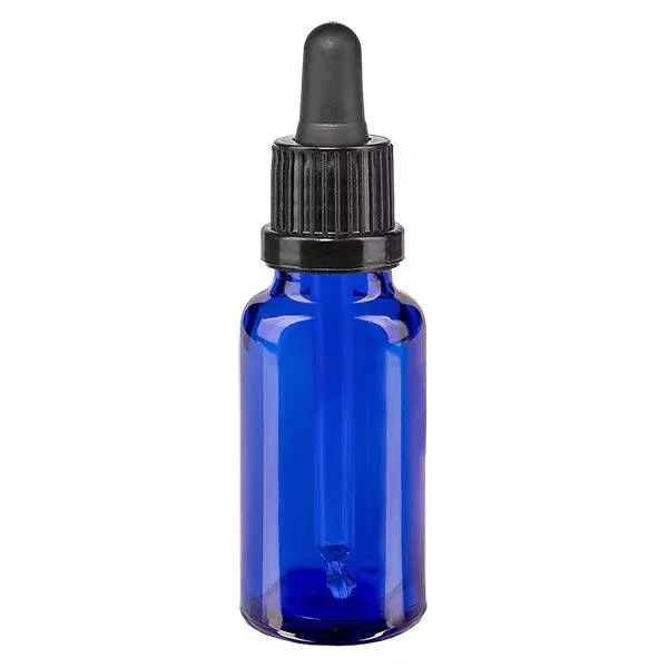 Apoteksflaska blå 20ml pipett svart med säkerhetsförslutning Apoteksflaska blå 20ml pipett svart med säkerhetsförslutning