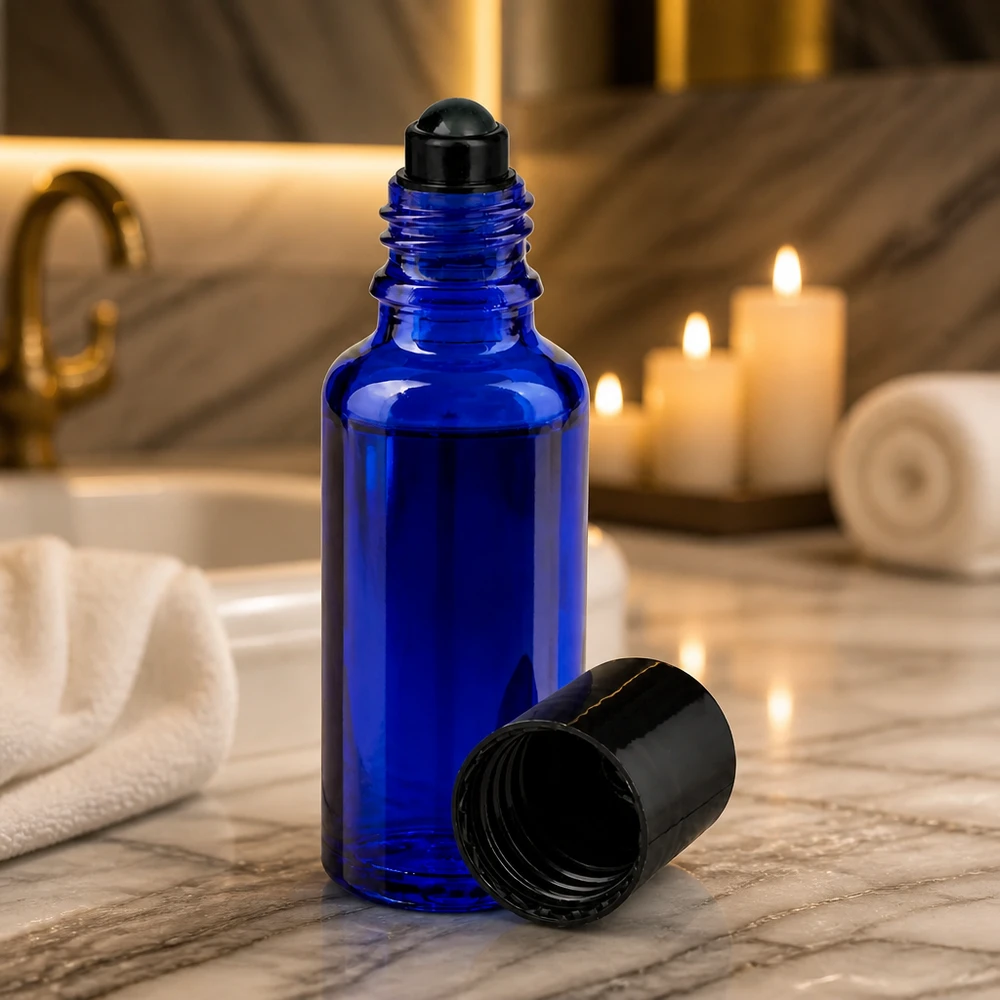 Apoteksflaska blå 30ml roll-on lock svart Koboltblå 30 ml roll-on-flaska av apotekerglas med svart rullkula