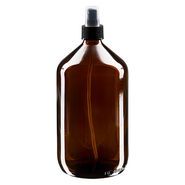 1000 ml brun medicinflaska av Euro-typ med svart spray och genomskinlig lock
