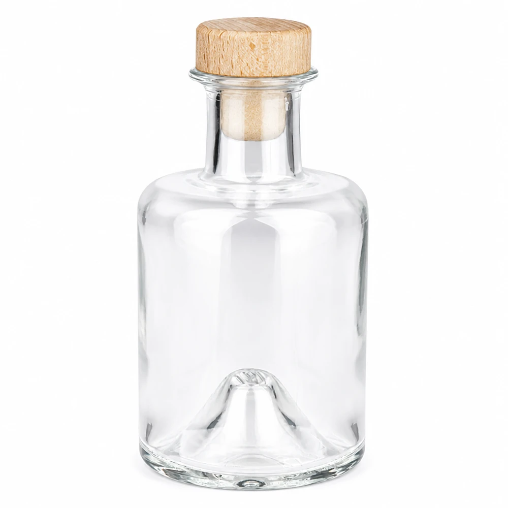 200 ml apoteksflaska Sofia med kork med trähandtag UNiTWIST® 200 ml glasflaska Sofia med trähandtag kork UNiTWIST transparent tom Produktfoto mot vit bakgrund