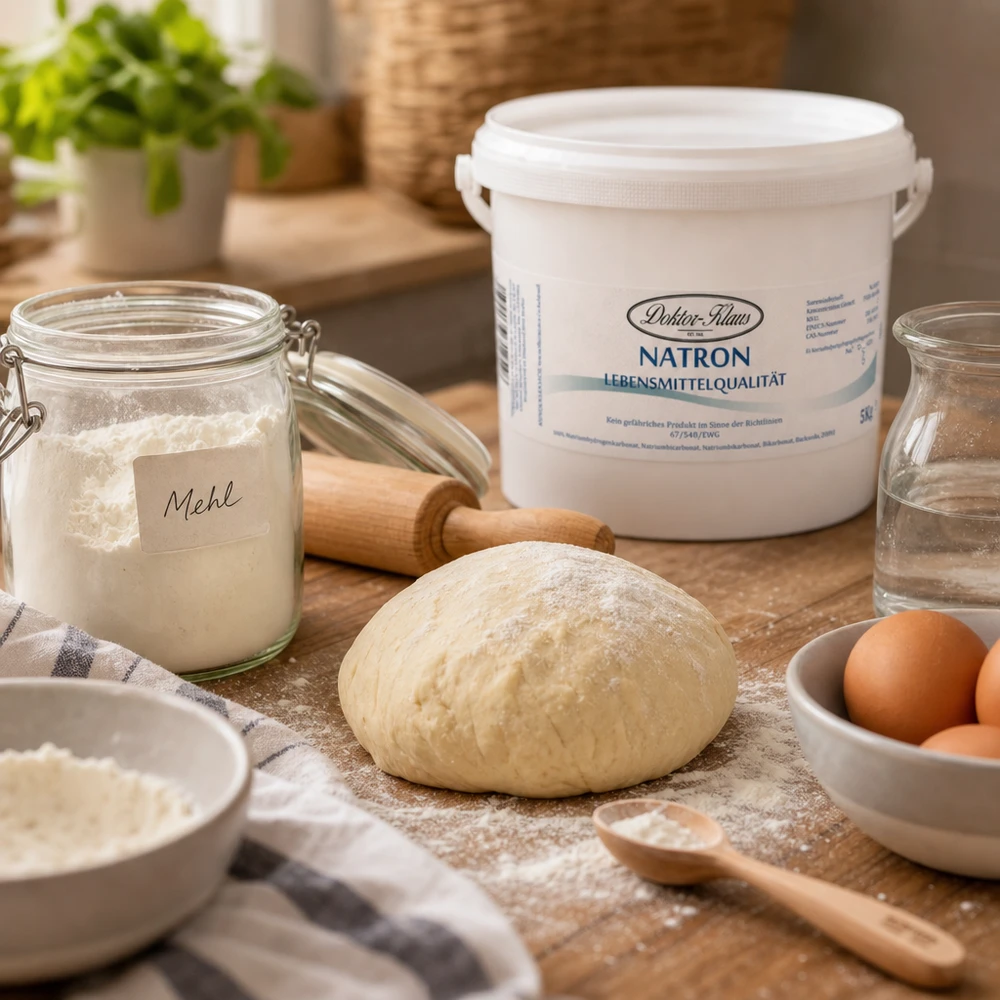 Natriumbikarbonat 5kg Doktor-Klaus Natron Doktor Klaus 5kg för bakning med deg, mjöl och ägg på rustika träytor
