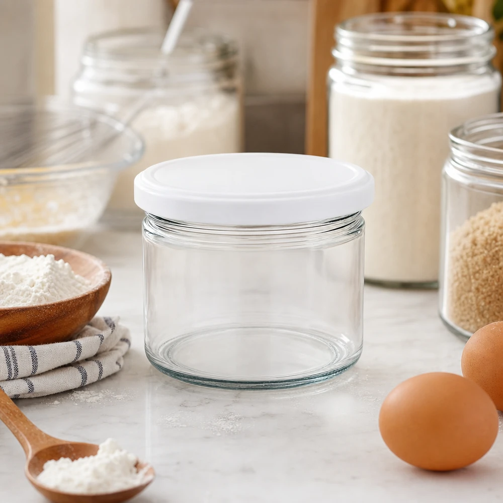 540ml rund burk med BasicSeal-lock vit UNiTWIST 540ml Rundglas BasicSeal weiß in stylischer Küche mit Backzutaten - elegantes Vorratsglas für Mehl und Backen