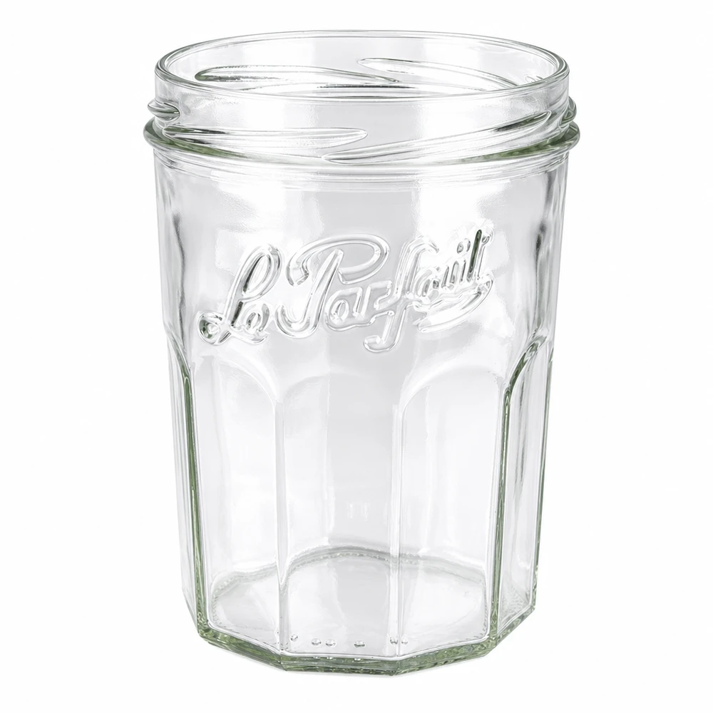 Le Parfait® Jam 385 ml Ø82 mm syltburk Le Parfait konserveringsburk 385 ml utan lock visar elegant räfflad struktur och varumärkesprägling för sylt