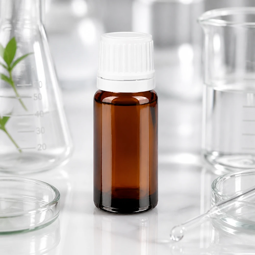 Apoteksflaska brun 10ml droppkork 1.2mm vit manipulationsskyddad kork Bärnstensfärgad glasflaska på 10 ml med vitt skruvlock och en fin droppöppning på 0,7 mm