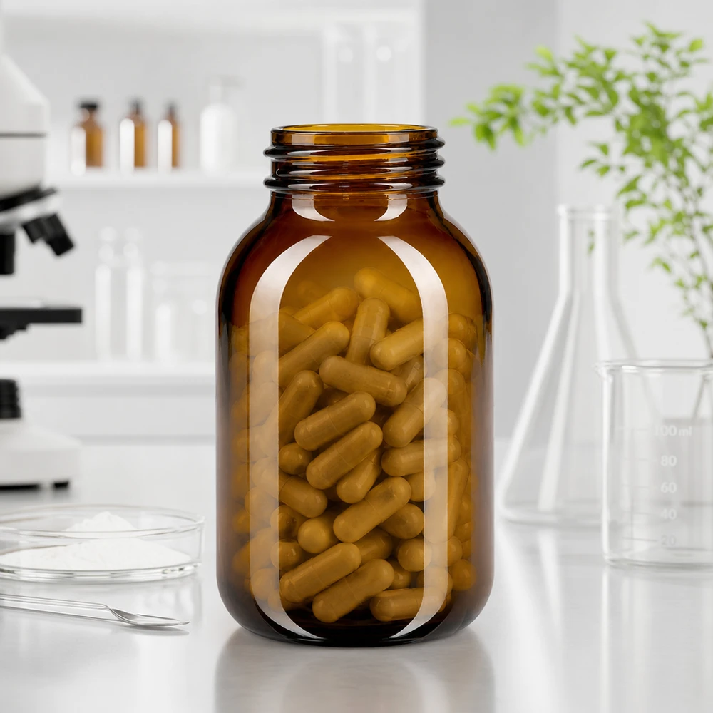 500ml flaska med bred hals bärnstensfärgat glas Högkvalitativ 500 ml flaska med vid hals tillverkad av UV-skyddande bärnstensfärgat glas för optimal förvaring