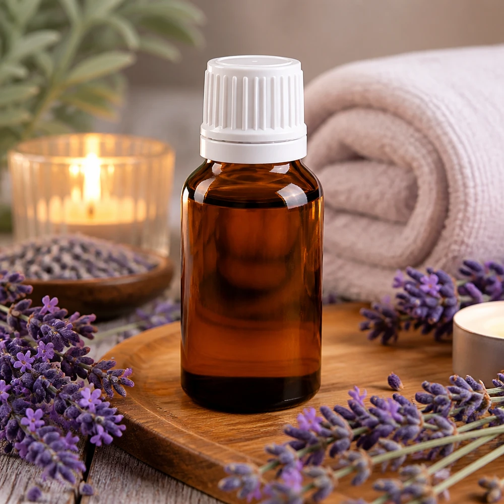 Apoteksflaska brun 15ml droppkork 1,2mm vit säkerhetsförslutning Liten brun glasflaska med vitt barnsäkert lock bland färska lavendelblommor