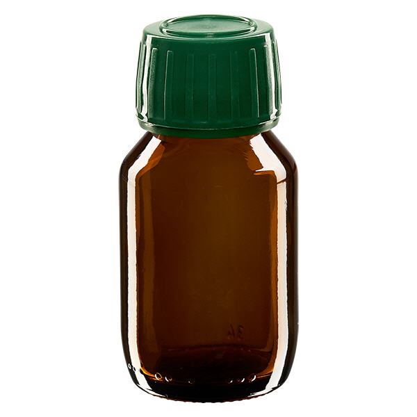 50 ml medicinflaska brun, grönt lock med säkerhetsring ApoGlas 50 ml medicinflaska brun, grönt lock med säkerhetsring ApoGlas