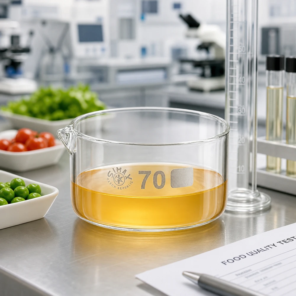 100ml kristalliseringsskål med pip borosilikat ø70mm Simax-kristalliseringsskål, 70 mm, med gult innehåll på en arbetsbänk i rostfritt stål i ett laboratorium bredvid livsmedel