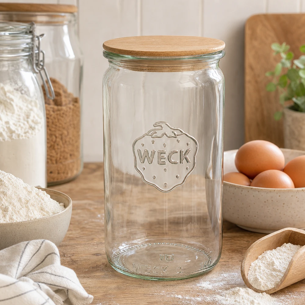 340ml cylinderburk WECK RR60 med trälock WECK cylinderburk 340ml RR60 trälock i kök med mjöl ägg och förvaringsburkar som baktillbehör förvaring