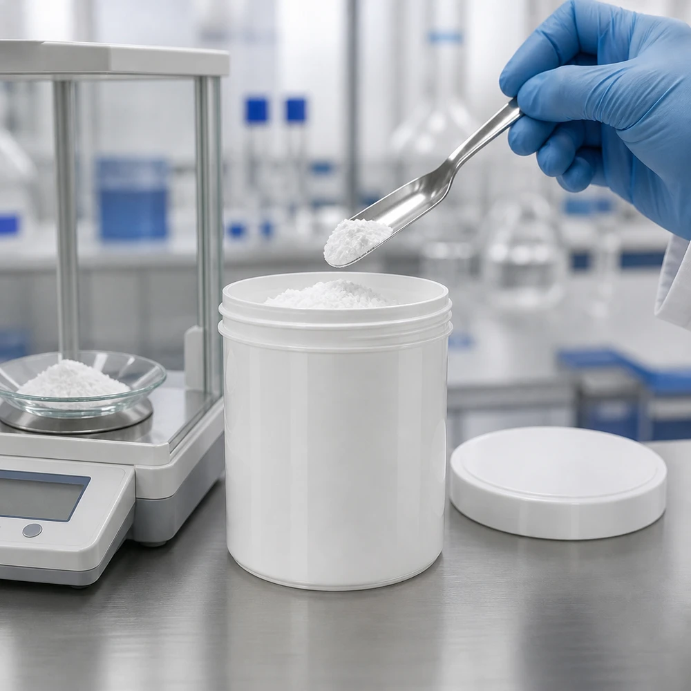 Salvburk 800g vit med vitt skruvlock (polypropylen) Laboratoriepersonal fyller en vit plastburk på 800 g med skruvlock med hjälp av en metallspatel