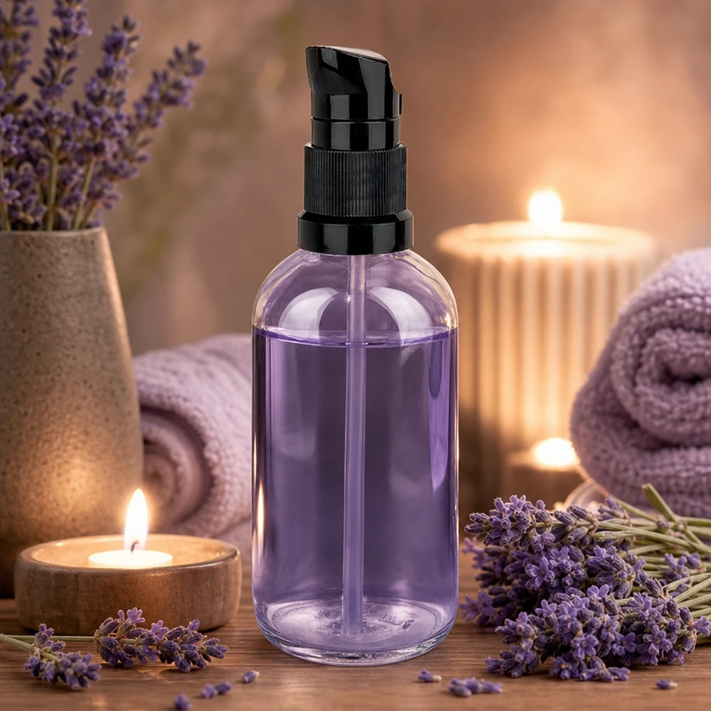 ClearLine UT18 100 ml doseringsflaska med svart pump och lavendelfärgat innehåll – spa- och wellness-känsla