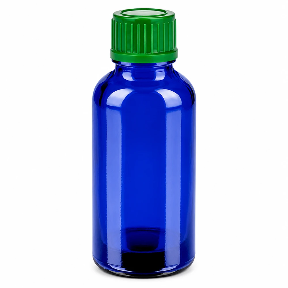 Blå glasflaska 30 ml med grönt skruvlock för eteriska oljor och läkemedel