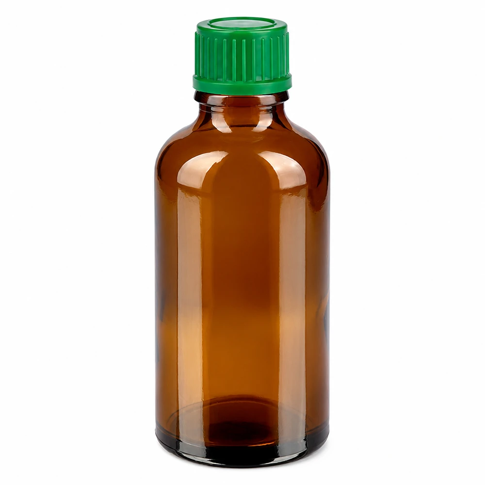 50 ml bärnstensfärgad glasflaska med grönt skruvlock för medicin och kosmetika