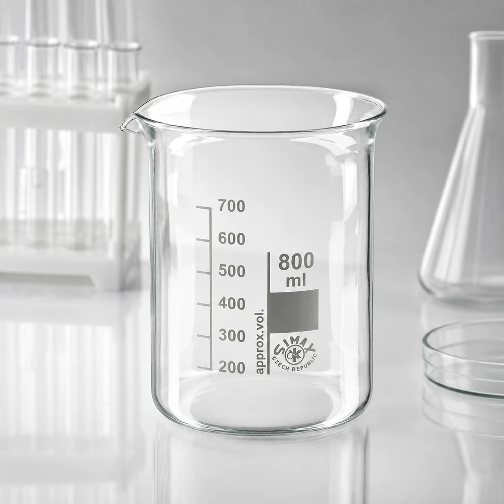 Transparent 800 ml bägare av borosilikatglas med tydlig milliliterskala för exakta mätningar
