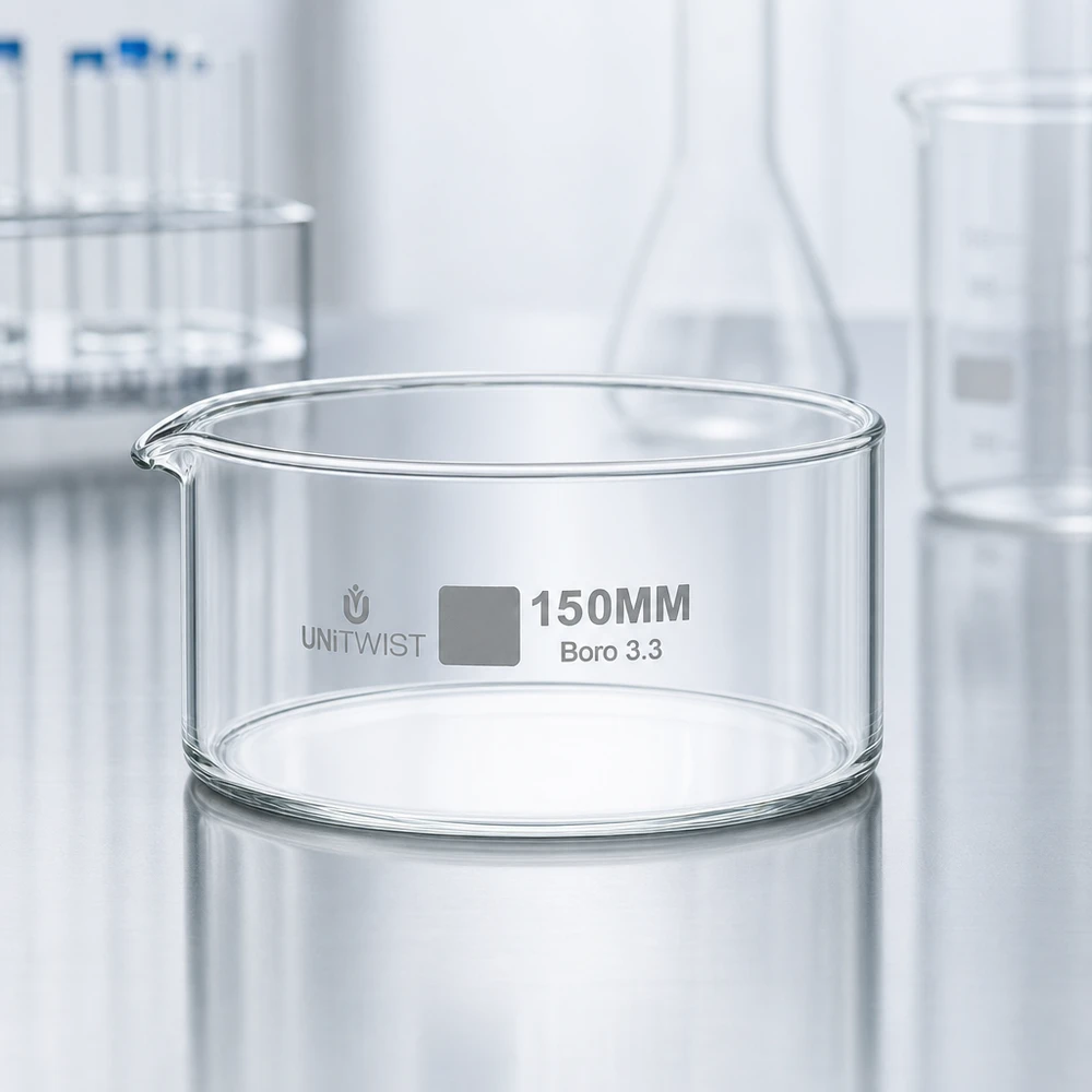 Kristallisationskärl ø150 mm, borosilikatglas UNiTWIST Kristalliseringsskål 150 mm UNiTWIST Boro 3.3, klart borosilikatglas, värmetåligt och kemikaliebeständigt