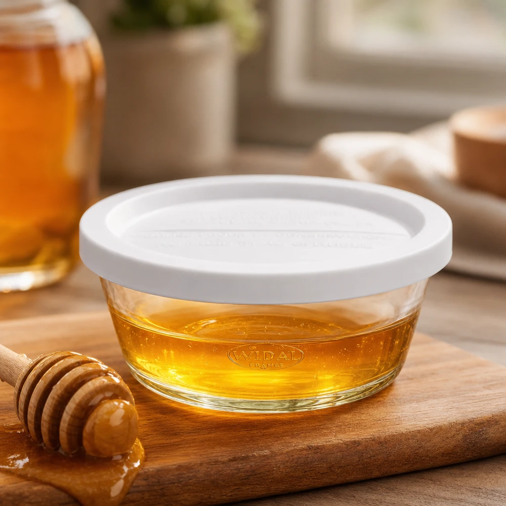 300ml gourmetburk med frisyr. WECK RR120 WECK RR120 gourmetburk 300ml fylld med honung på en träskiva med honungssked som exempel på användning