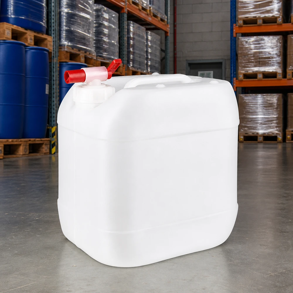 Livsmedelsgodkänd 15-liters plastdunk med tappkran i en vit lagerlokal