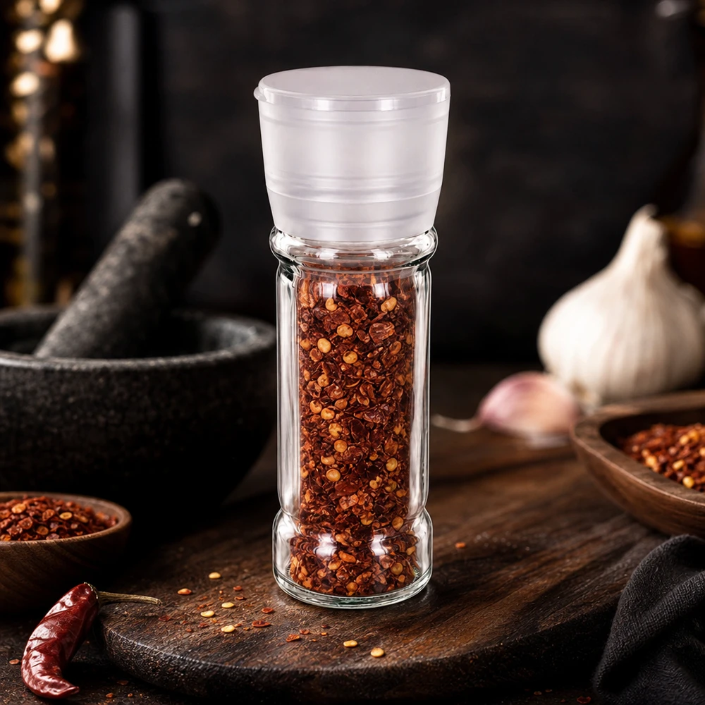 Genomskinlig kryddburk i glas på 100 ml med vit kvarn, fylld med röda chiliflingor och frön