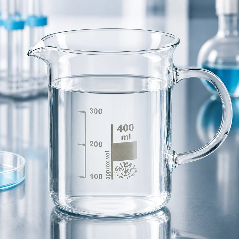 Genomskinligt laboratoriebägareglas, 400 ml, med handtag och pip, tillverkat av temperaturbeständigt borosilikatglas