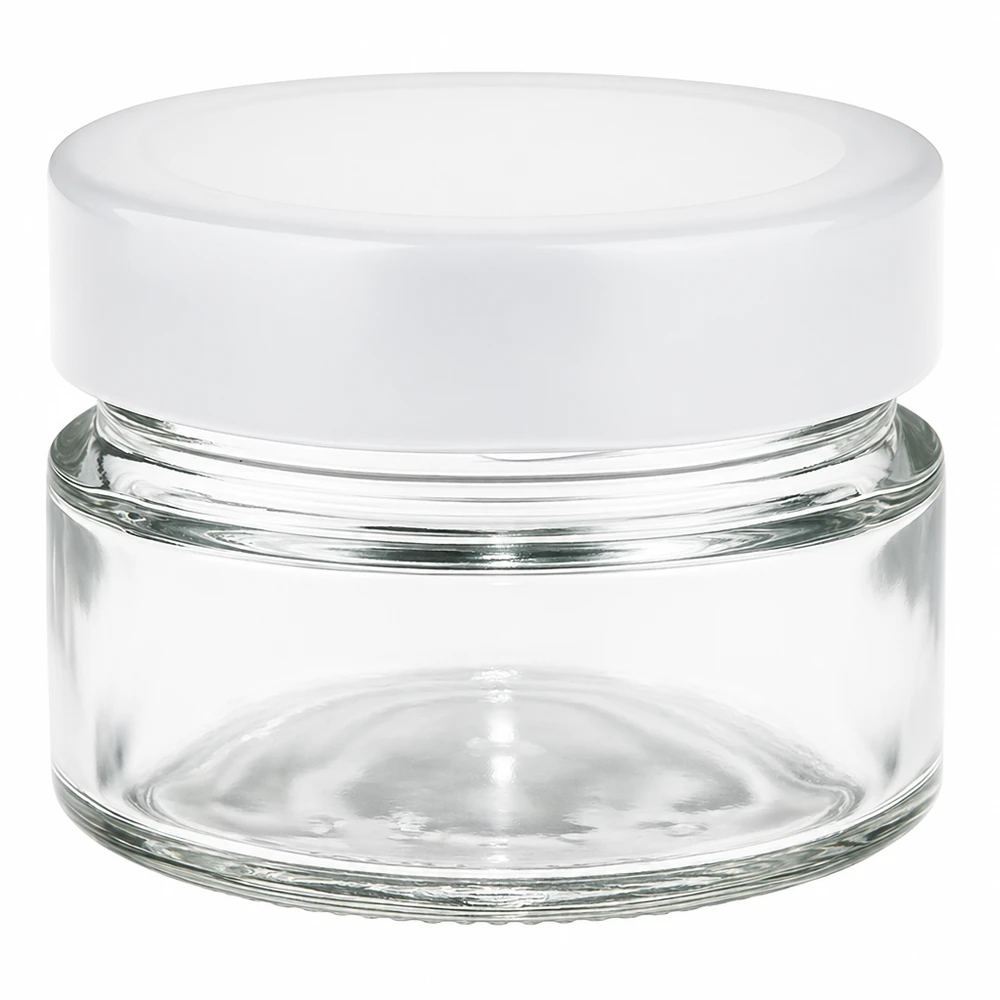 80 ml rund burk med vitt BasicSeal-lock - transparent glasbehållare för kosmetika och förvaring