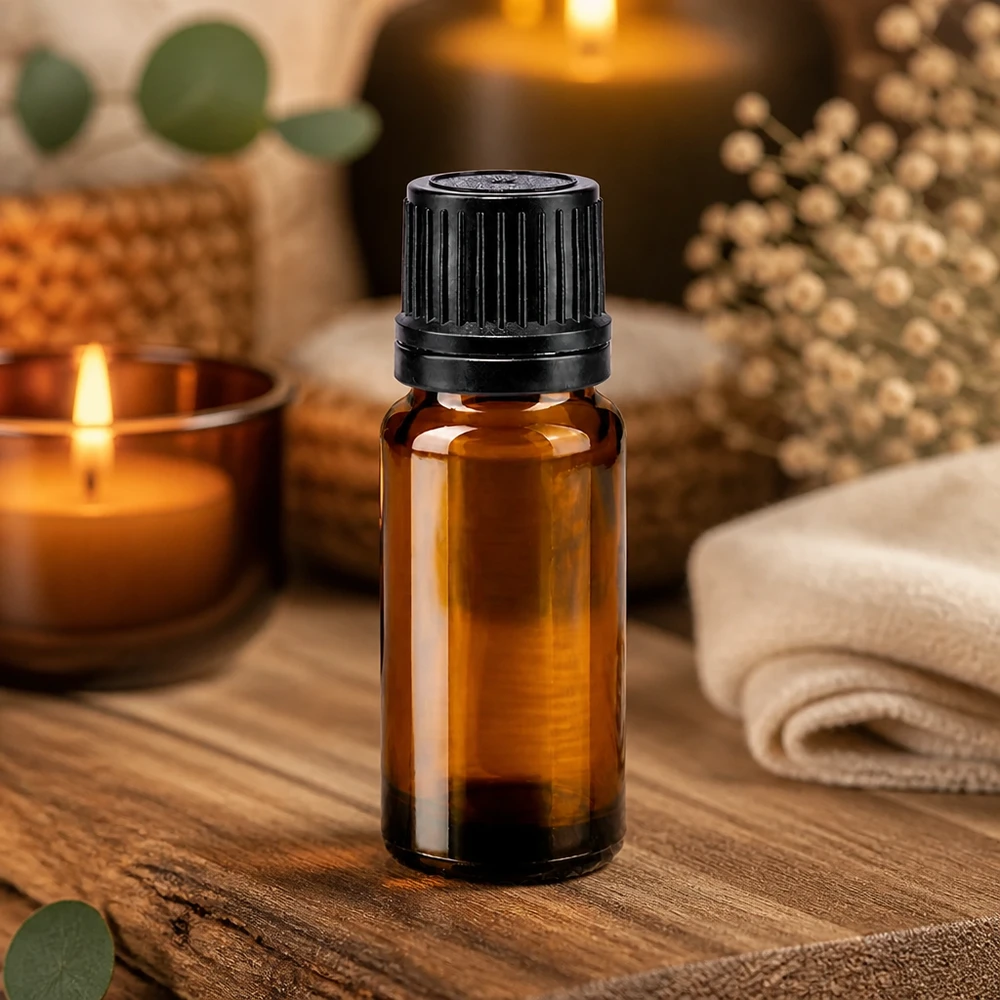 Apoteksflaska brun 10ml dropplock hällring 1mm svart manipuleringssäkert lock Brun glasflaska på 10 ml med svart OV-lock, placerad bland ljus och naturdekorationer på trä