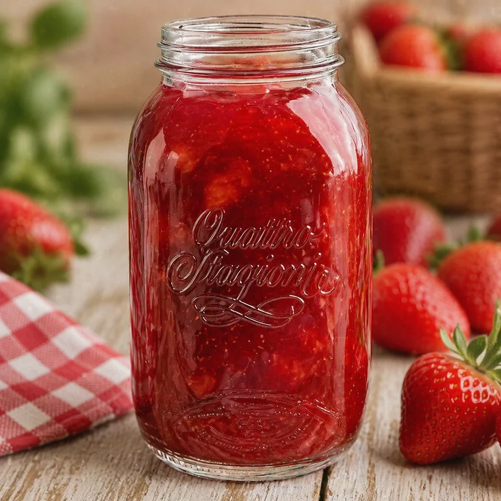 1500ml runt glas "Quattro Stagioni" QS86mm 1500 ml Quattro Stagioni hushållsburk fylld med jordgubbssylt omgiven av färska jordgubbar på ett träbord