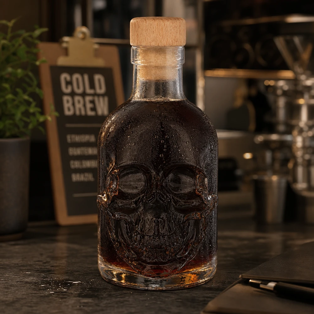200 ml glasflaska Jack med kork med trähandtag UNiTWIST® Glasflaska med Jack 200 ml med mörk sprit i en kaféatmosfär med dödskalle, kallbryggningsskylt i bakgrunden