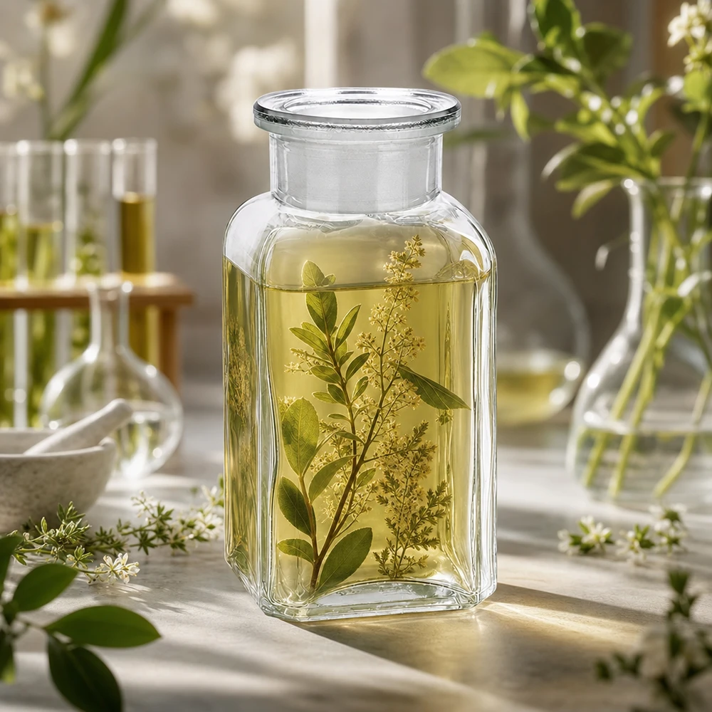 Fyrkantig flaska, 100 ml, genomskinlig, med örtextrakt och vita blommor i laboratoriemiljö