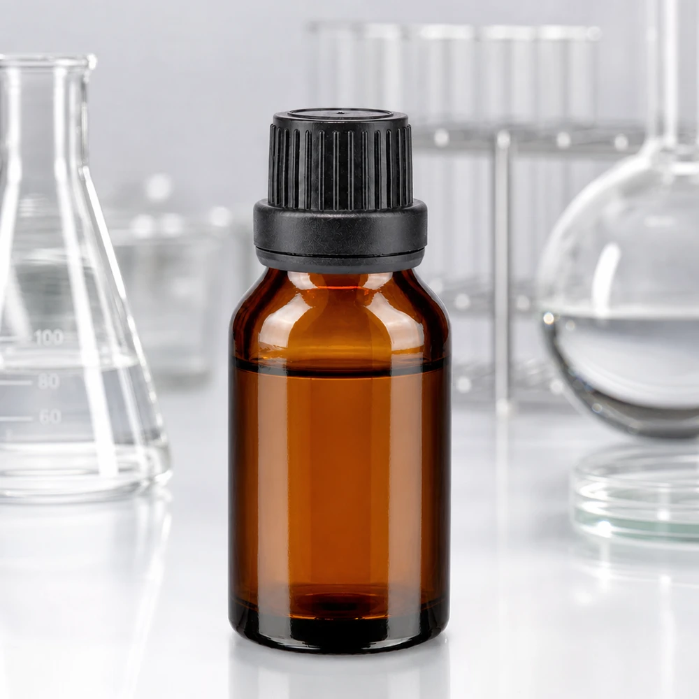 Apoteksflaska i brunt glas, 15 ml, med svart droppinsats, 2 mm, precisionsdosering, UV-skydd