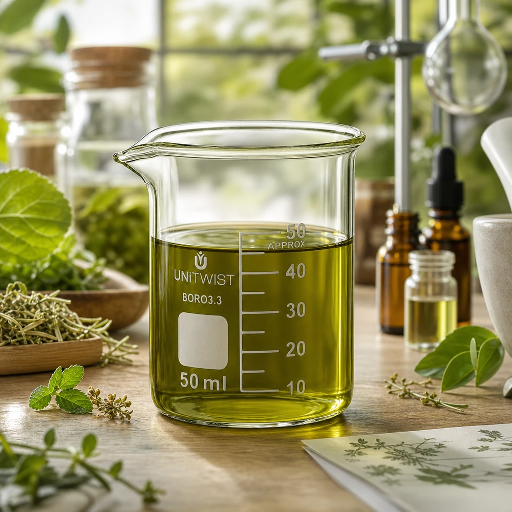 Bägare 50ml borosilikat, lågformad UNiTWIST 50 ml UNiTWIST-bägare, låg modell, med gulgrön örtolja upp till 40 ml i Naturlabor