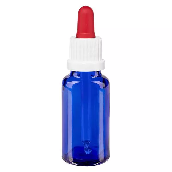 Apoteksflaska blå 20ml pipett vit/röd med säkerhetsförslutning Apoteksflaska blå 20ml pipett vit/röd med säkerhetsförslutning