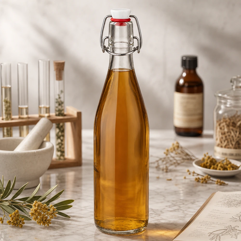 500ml glasflaska + svängbar topp porslin UNiTWIST 500 ml glasflaska med gyllene vätska i naturkosmetiklaboratorium bredvid örter och oljor