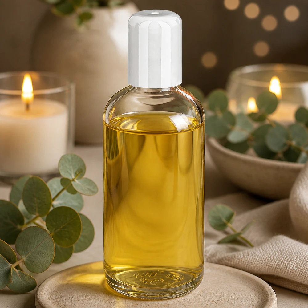 100 ml ClearLine-roll-on-flaska med vitt lock, fylld med guldfärgad olja framför stearinljus