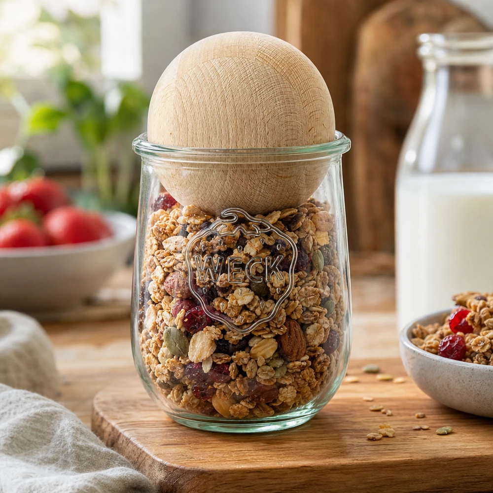 WECK förvaringsburk 1062ml RR100 fylld med müsli och nötter visar praktisk köksförvaring med bokträkula