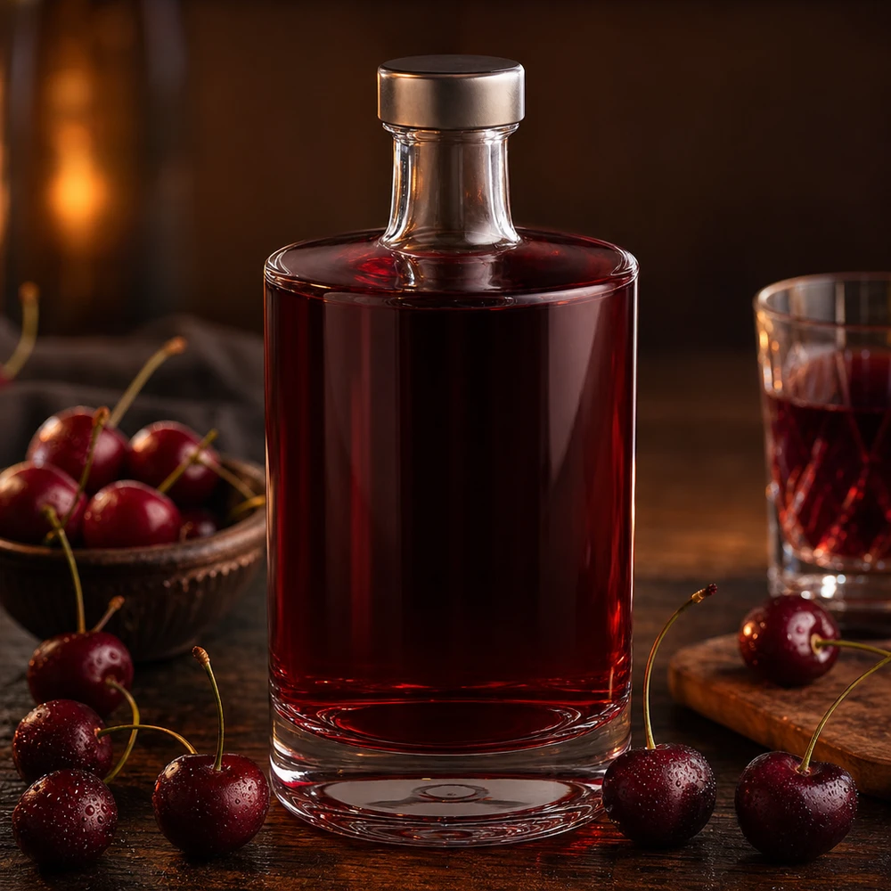 500 ml glasflaska Sam och skruvkork silver UNiTWIST® 500 ml glasflaska Sam fylld med körsbärslikör mellan färska körsbär mysig öppen spis atmosfär ögonblick av njutning