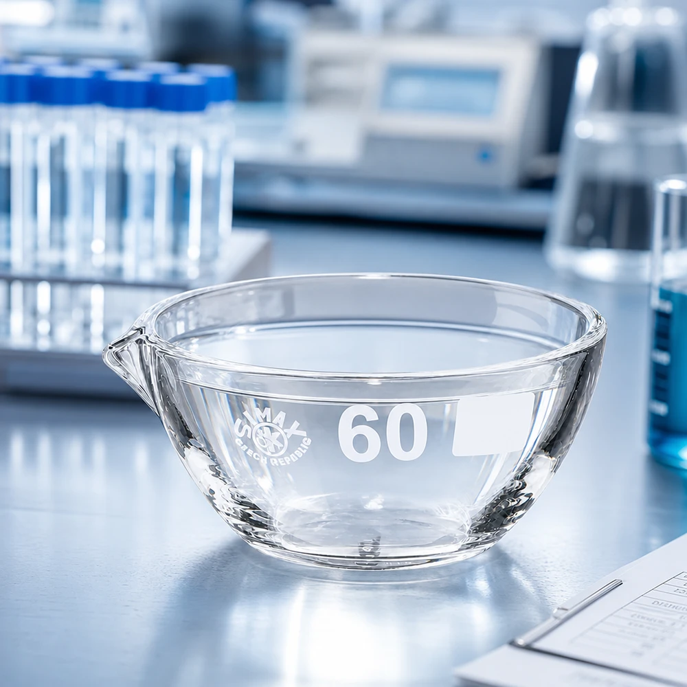 Kompakt 45 ml indunstningsskål med ø60 mm pip av robust borosilikat för laboratoriearbete