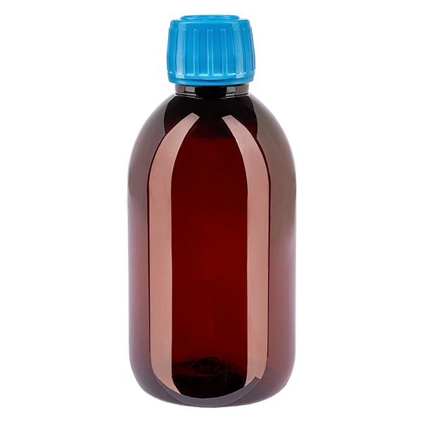 PET-flaska 250ml med blått kapsyl, säkerhetsgodkänt PET-flaska 250ml med blått kapsyl, säkerhetsgodkänt