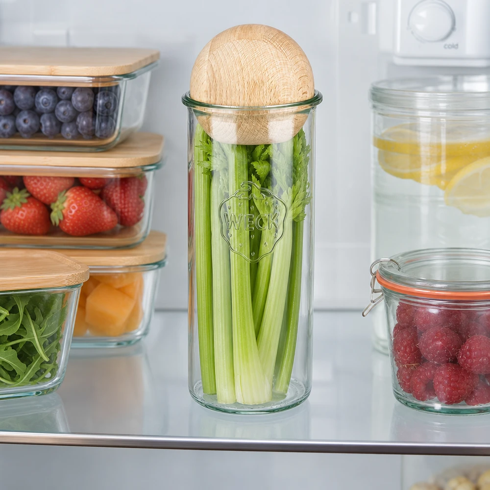 WECK RR100 1500 ml glas i kylen med selleri, träkulelock bok, håller grönsaker fräscha