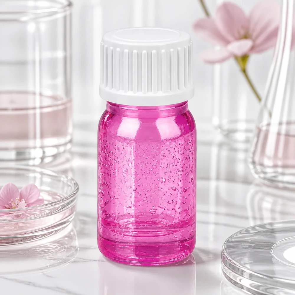 5ml (globule) flaska 3mm hällring vit standard PurpleLine UT18/5 Rosa glasflaska 5ml med vit skruvkork och strukturerad yta för kosmetiska applikationer