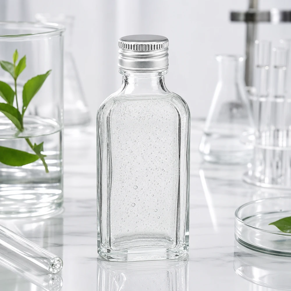 Laboratoriemiljö med en 50 ml Meplat-glasflaska (klar) och ett silverfärgat PP22-aluminiumlock på marmor