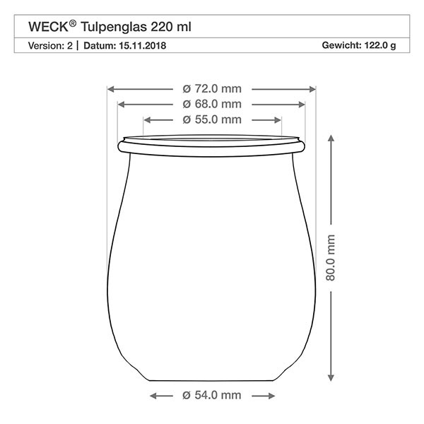 220 ml tulpanformad burk med friskhetslock WECK RR60 Teknisk ritning WECK tulpanburk 220ml RR60 med mått och dimensioner - Produktspecifikation konserveringsburk