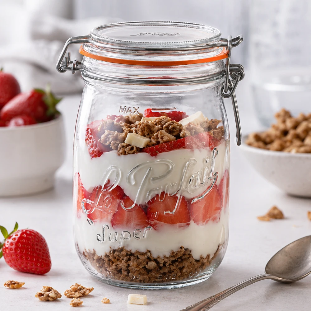 Le Parfait® burk 1 L Ø85 mm förvaring 1000 ml Le Parfait Super förvaringsburk med svängbart lock fylld med yoghurt, jordgubbar och müsli till dessert