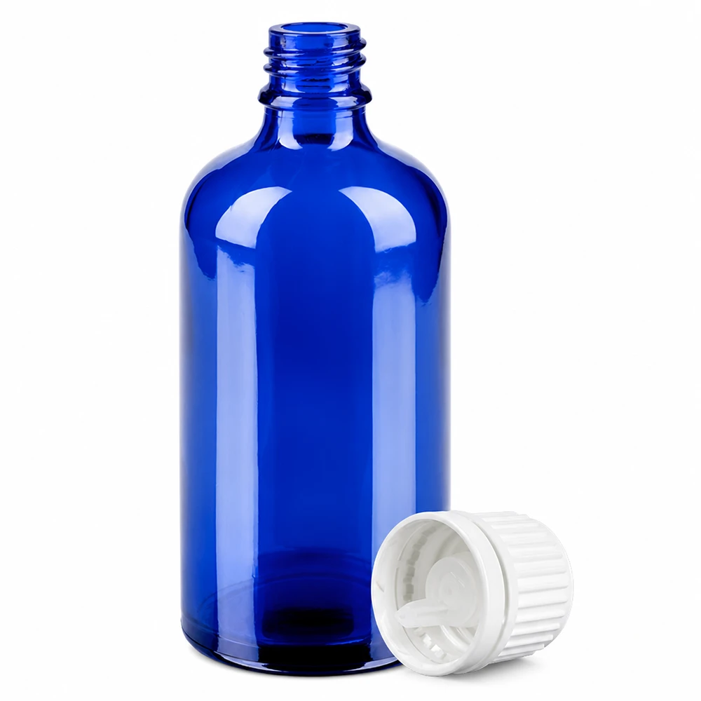 100ml Droppflaska 0,7mm vit med säkerhetslock BlueLine UT18/100 Droppflaska i blått glas av hög kvalitet, 100 ml, med vitt skruvlock för aromaterapi