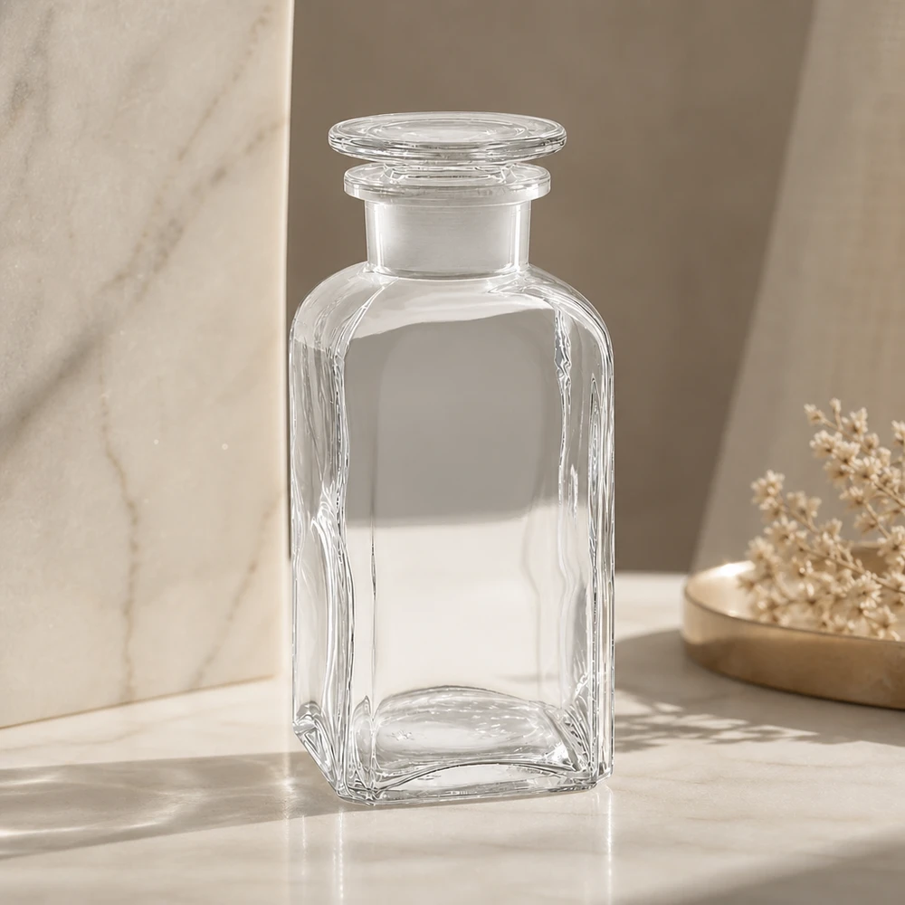 Kvadratisk glasflaska, 350 ml, med rund glaspropp, vid hals, genomskinlig, tom