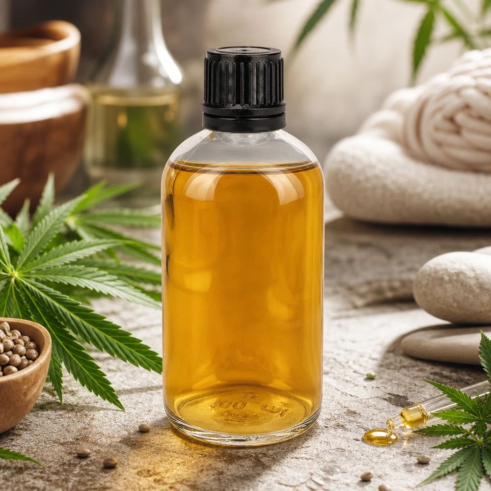 Genomskinlig 100 ml-flaska av borosilikatglas med en smal 8 mm-hals för globuli och CBD-olja